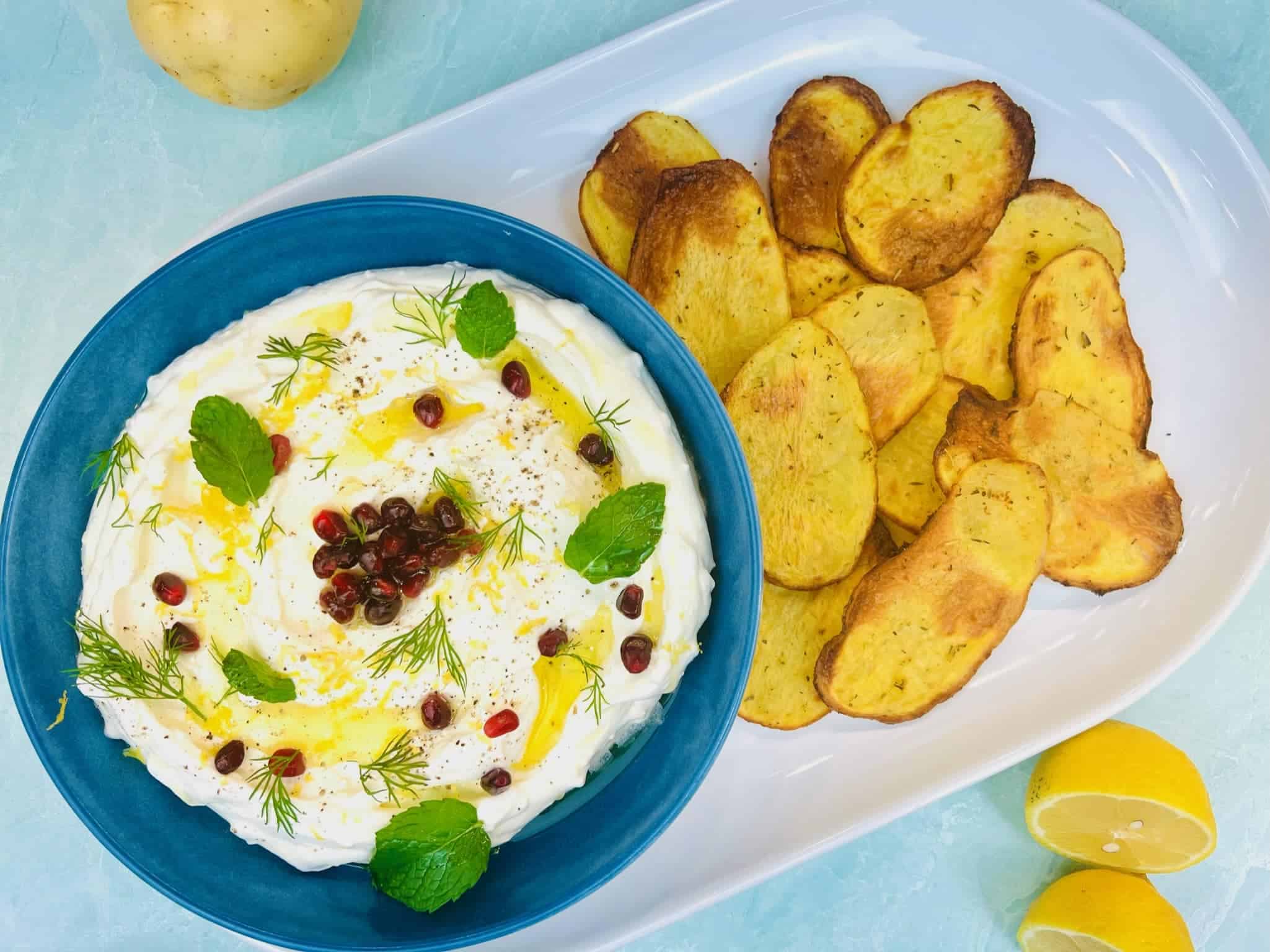 Oven Baked Potato Chips with Whipped Feta Dip