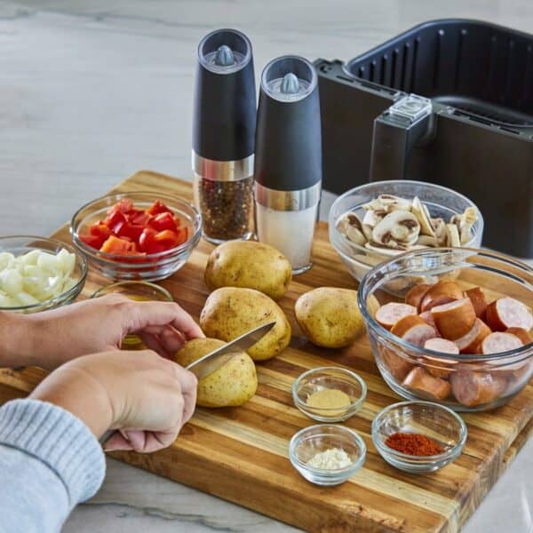 Lifestyle image prepping one-dish meal